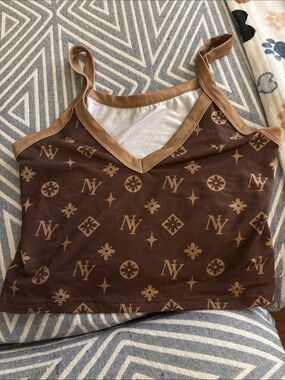 Brown Patterned V-Neck Crop Tank Top Size Large never worn
